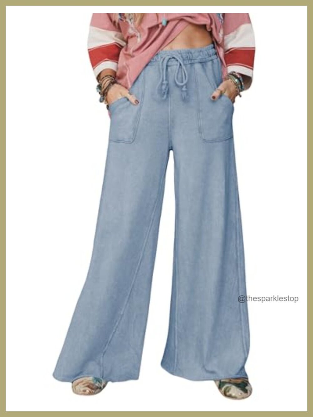 Wide Leg Acid Wash Palazzo Sweatpants Drawstring Raw Hem Pockets